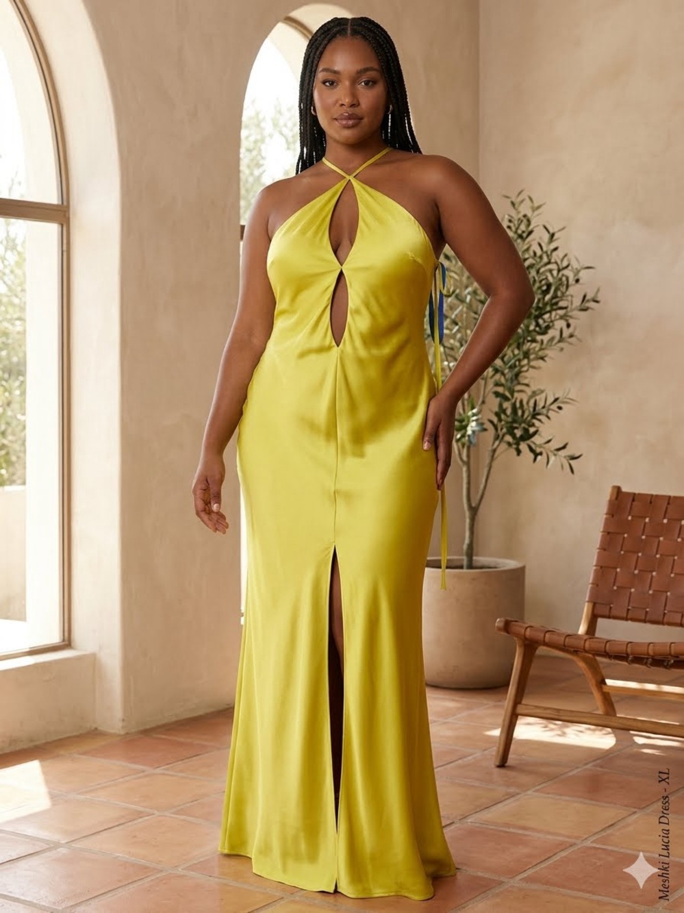 MESHKI Lucia Satin Cut Out Maxi Dress Chartreuse Yellow Grn Halter Formal XL NWT